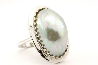 925 sterling silver big imitation Mabe pearl fashion ring estate vintage sz 5.75