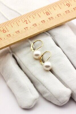 14k yellow gold round white rose freshwater pearl leverback earrings dangle new