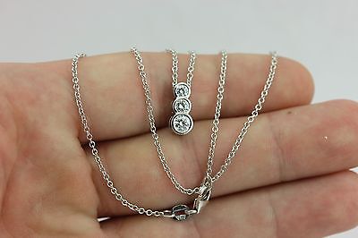 14K WHITE GOLD .80CTW DIAMOND 3 STONE PENDANT 16" 1.3MM CABLE CHAIN NECKLACE NEW