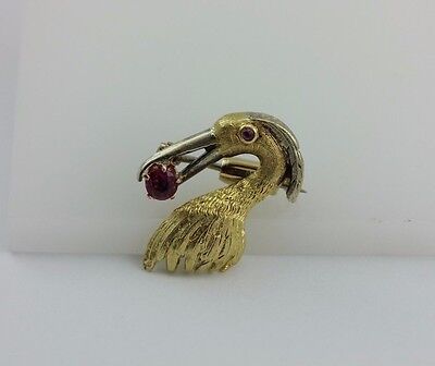 GOLD PLATED .14 CTW PINK SAPPHIRE EGRET BIRD PIN BROOCH ESTATE VINTAGE