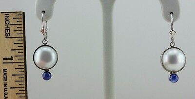 14k white gold and Pilver button pearl sapphire cabochon dangle earrings custom