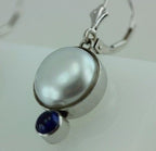 14k white gold and Pilver button pearl sapphire cabochon dangle earrings custom