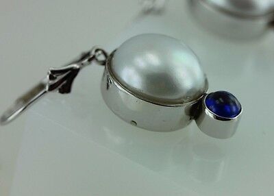 14k white gold and Pilver button pearl sapphire cabochon dangle earrings custom