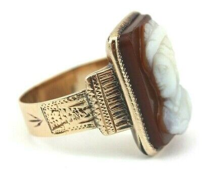 10K YELLOW GOLD CAMEO RING SZ 8 SARDONYX AGATE CHALCEDONY CARVED ENGRAVED ESTATE