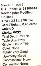 GIA Diamond 0.45 carat Rectangular Princess Cut D VVS2 4.73 x 3.83 x 2.96 mm NEW