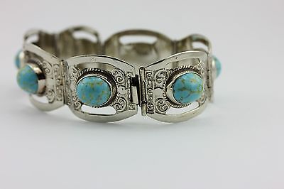MEXICO VINTAGE ESTATE ALPACA SILVER IMITATION TURQUOISE BLUE GLASS 7" BRACELET