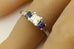 Platinum 5mm princess cut CZ natural blue sapphire three stone engagement ring