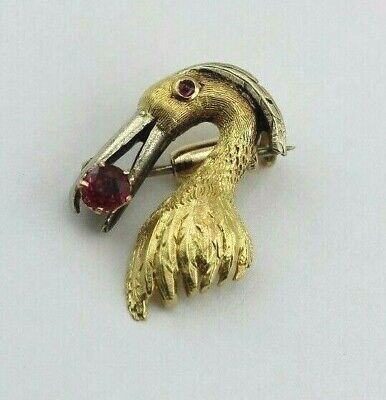 GOLD PLATED .14 CTW PINK SAPPHIRE EGRET BIRD PIN BROOCH ESTATE VINTAGE