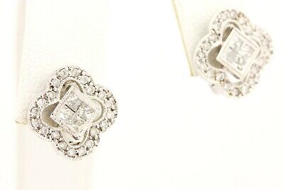 14k white gold .83ctw diamond clover 1/2 inch earrings estate invisible set