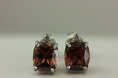 14k white gold 3.58ctw brown zircon cushion .03ctw diamond stud earrings NEW