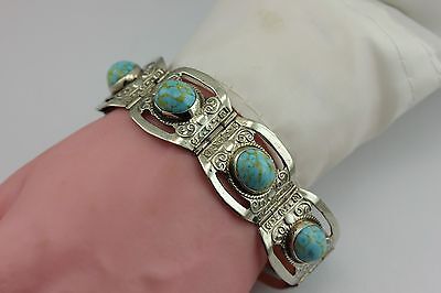 MEXICO VINTAGE ESTATE ALPACA SILVER IMITATION TURQUOISE BLUE GLASS 7" BRACELET