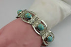 MEXICO VINTAGE ESTATE ALPACA SILVER IMITATION TURQUOISE BLUE GLASS 7" BRACELET