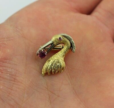 GOLD PLATED .14 CTW PINK SAPPHIRE EGRET BIRD PIN BROOCH ESTATE VINTAGE