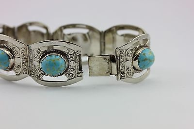MEXICO VINTAGE ESTATE ALPACA SILVER IMITATION TURQUOISE BLUE GLASS 7" BRACELET