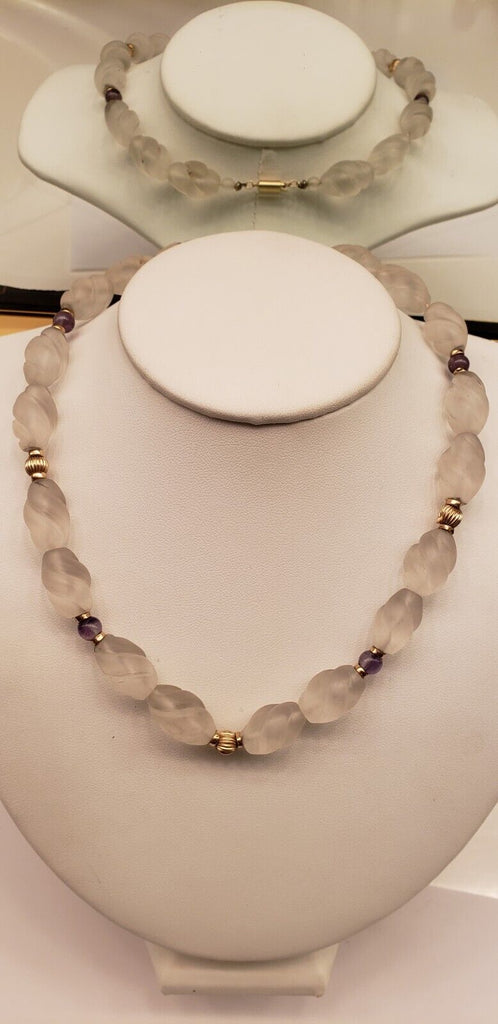 Frosted Satin white beads 16" with 14k balls, 14k clasp purple beads necklace