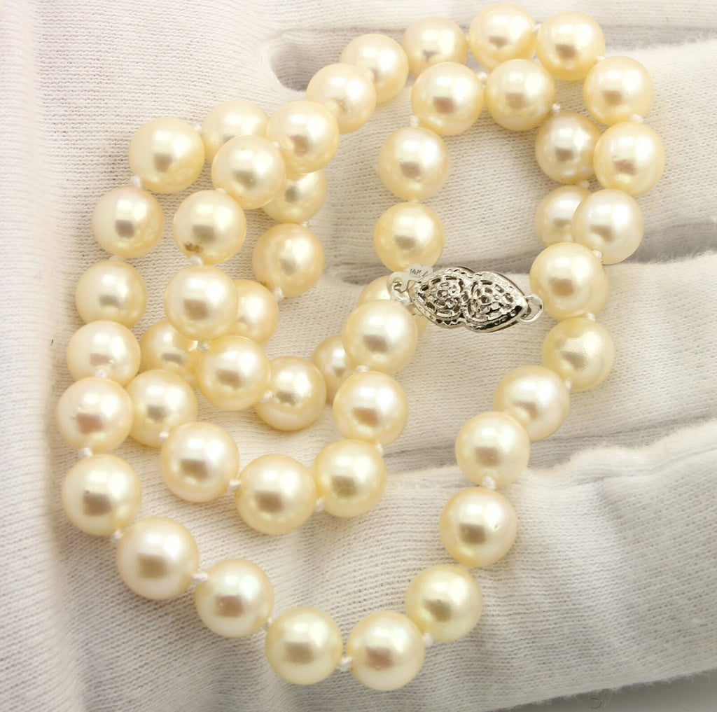 16 inch round cultured pearl strand necklace cream 7-7.5mm 14k white gold clasp