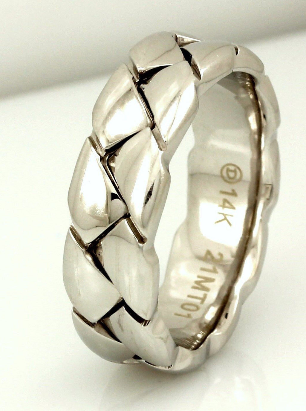 NEW DORA 14k white gold men's wedding band high polish weave 7.45mm sz 10.5 ring