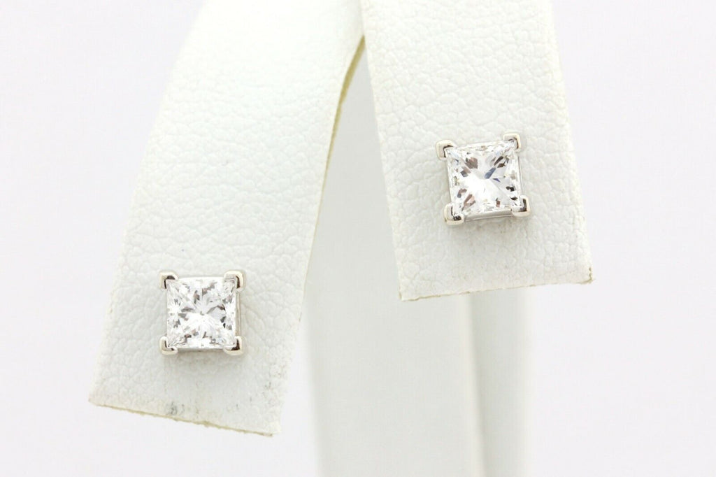 14k white gold 4mm square princess cut 0.80ctw stud earrings estate 1.1g