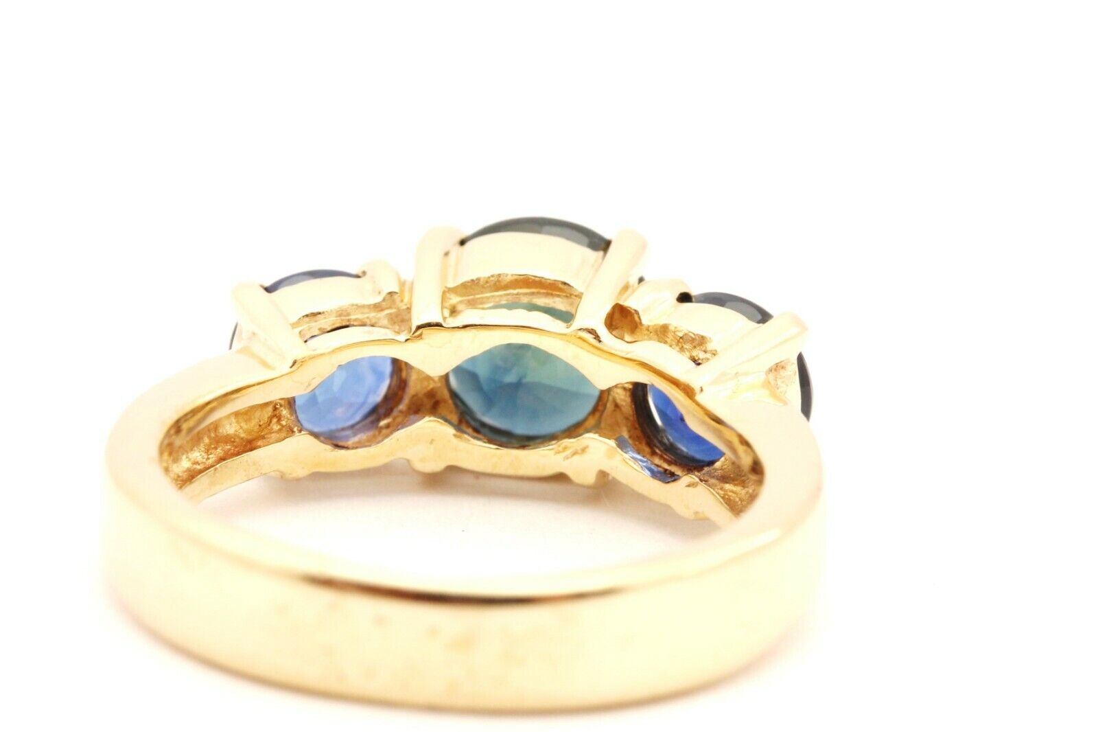 14k yellow gold 3.56ct round blue sapphire 3 stone ring size 6 5.43g estate