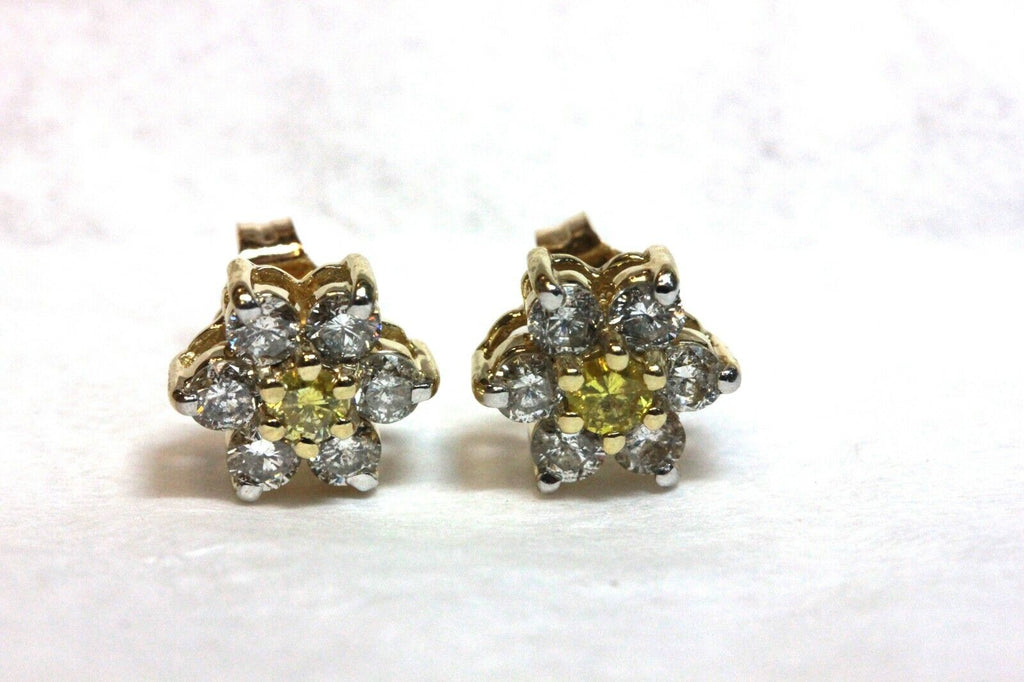 14k yellow gold 0.94ctw fancy yellow & white diamond stud rosette earrings 1.88g