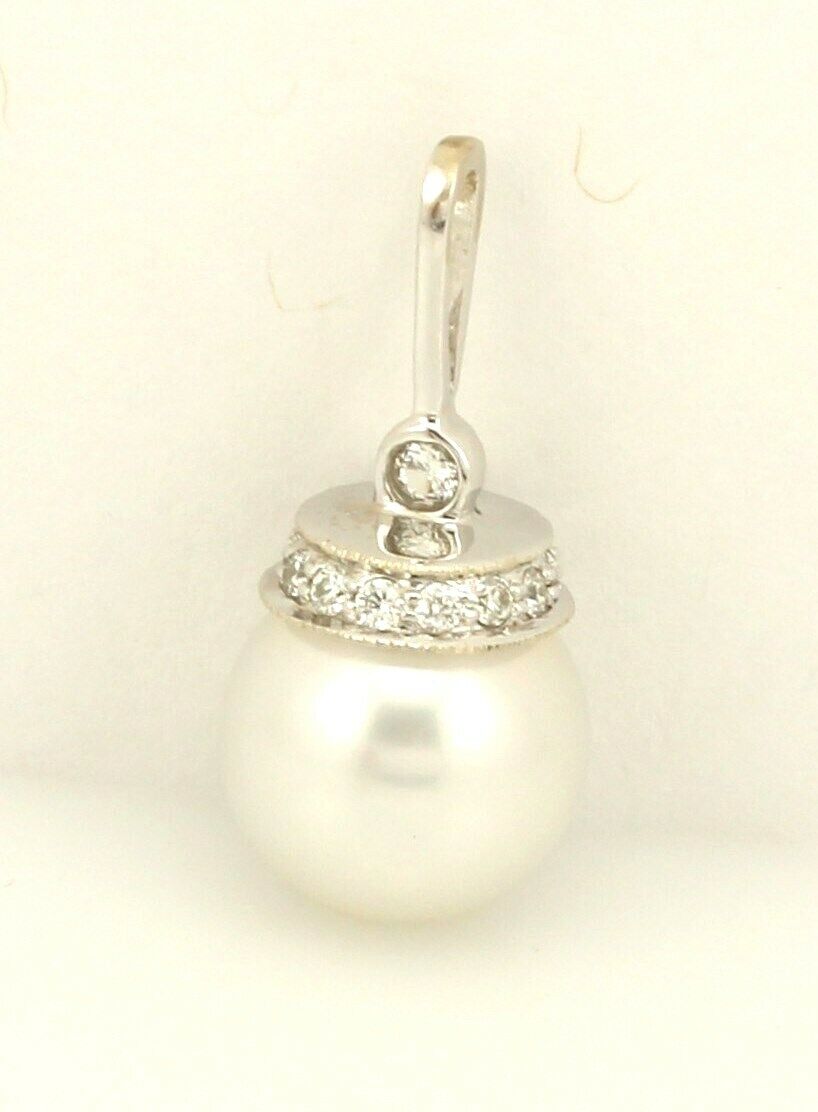 14 k white gold 10mm white round south sea cultured pearl diamond pendant new