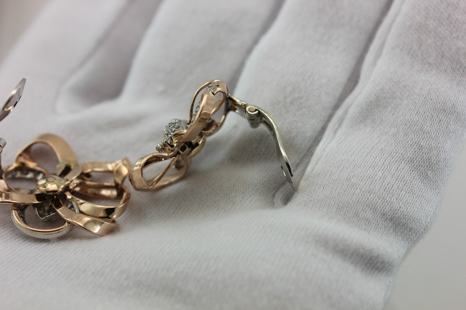 Estate Platinum 10k Rose gold .86ctw diamond butterfly clip on earrings vintage