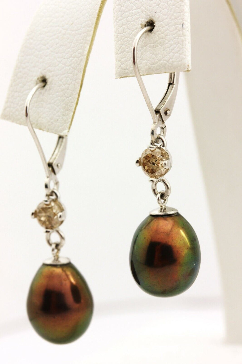 14k white gold 9.5mm chocolate pearls 0.64ctw diamond dangle drop earrings NEW