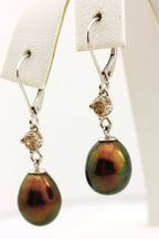 14k white gold 9.5mm chocolate pearls 0.64ctw diamond dangle drop earrings NEW