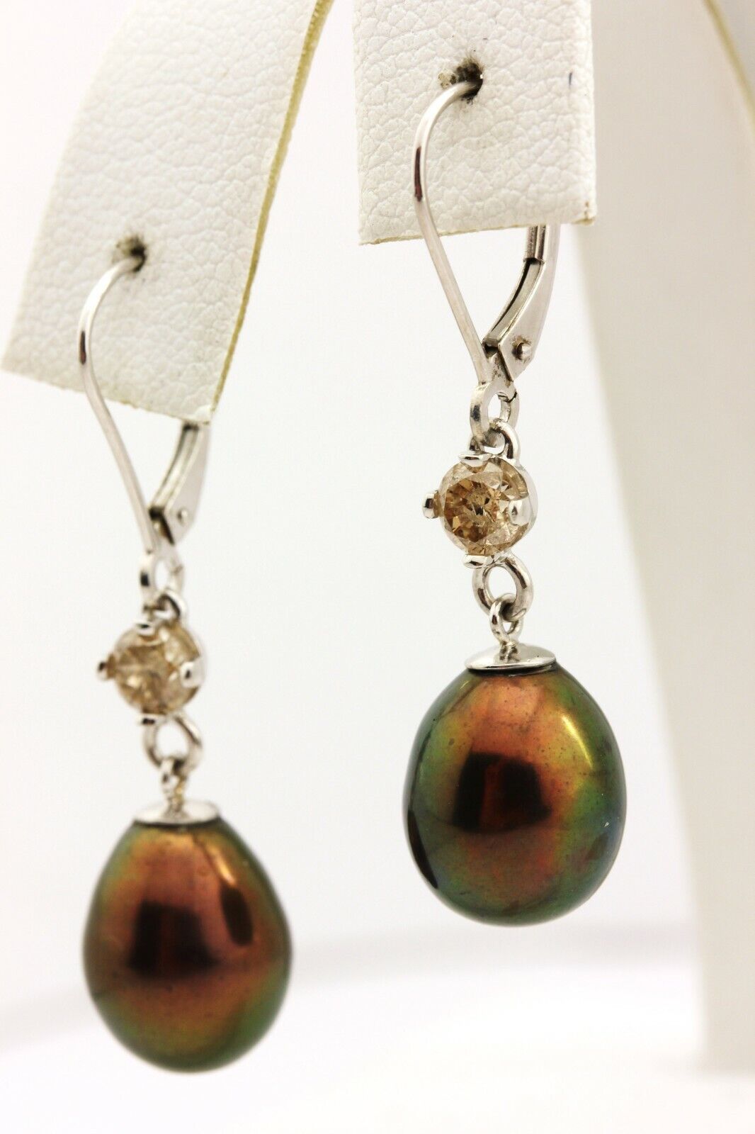 14k white gold 9.5mm chocolate pearls 0.64ctw diamond dangle drop earrings NEW