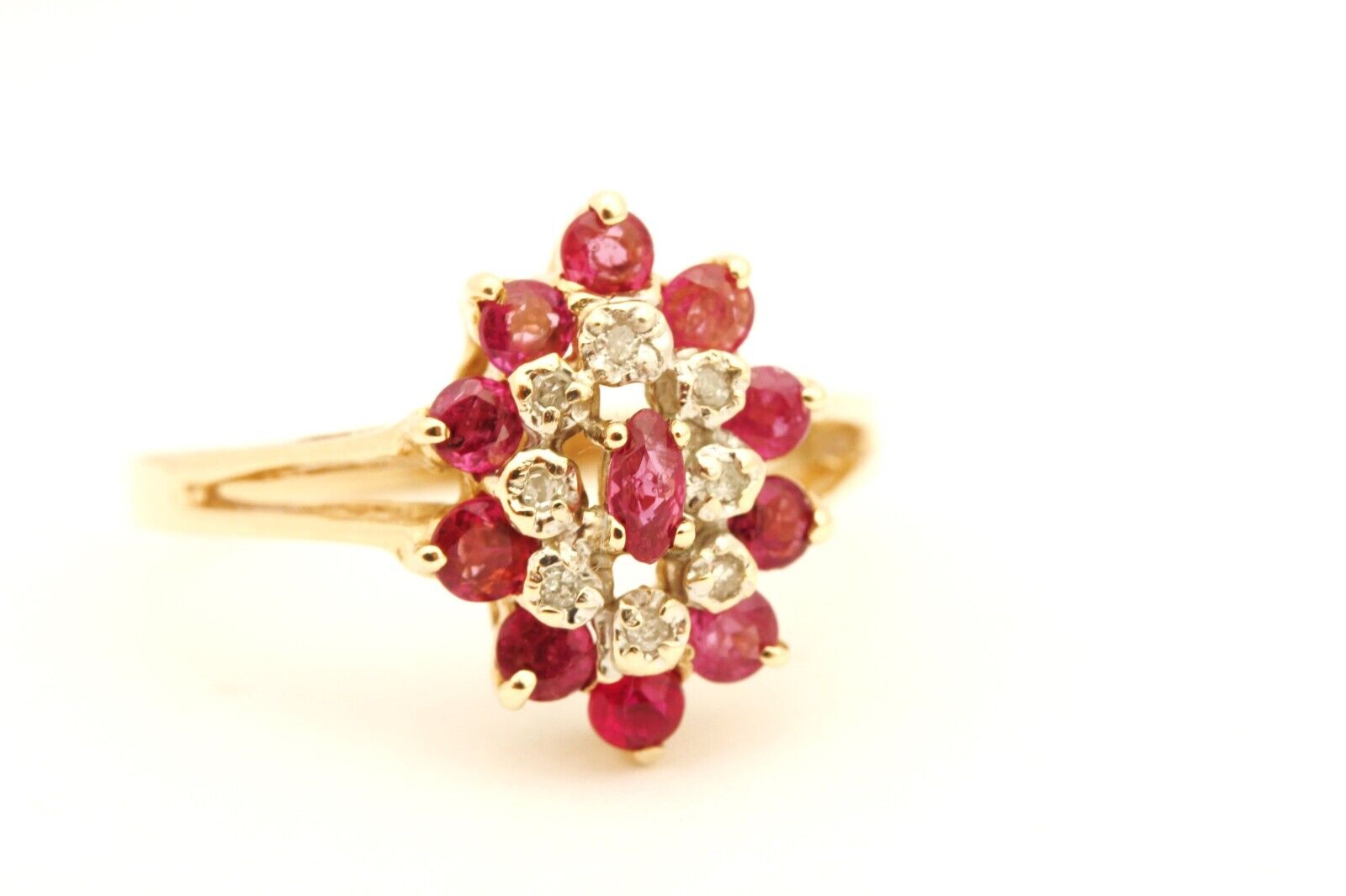 10k yellow gold ruby diamond halo ring split band size 6.75 2.81g vintage estate
