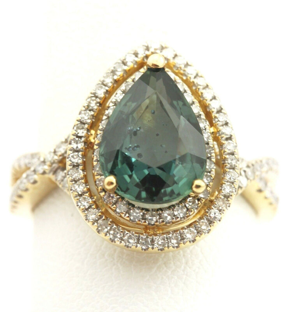 14k yellow gold blue sapphire pear double halo diamond ring size 7 4.40g new