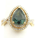 14k yellow gold blue sapphire pear double halo diamond ring size 7 4.40g new