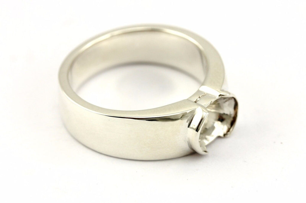 Platinum sterling silver men ring sz 8 band 9x7mm oval half-bezel setting estate
