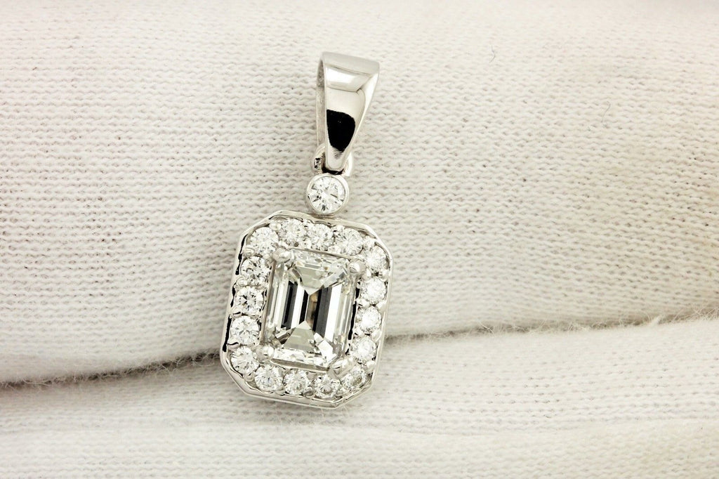 14k white gold 20mm drop halo pendant GIA emerald cut diamond ESTATE 1.15ctw