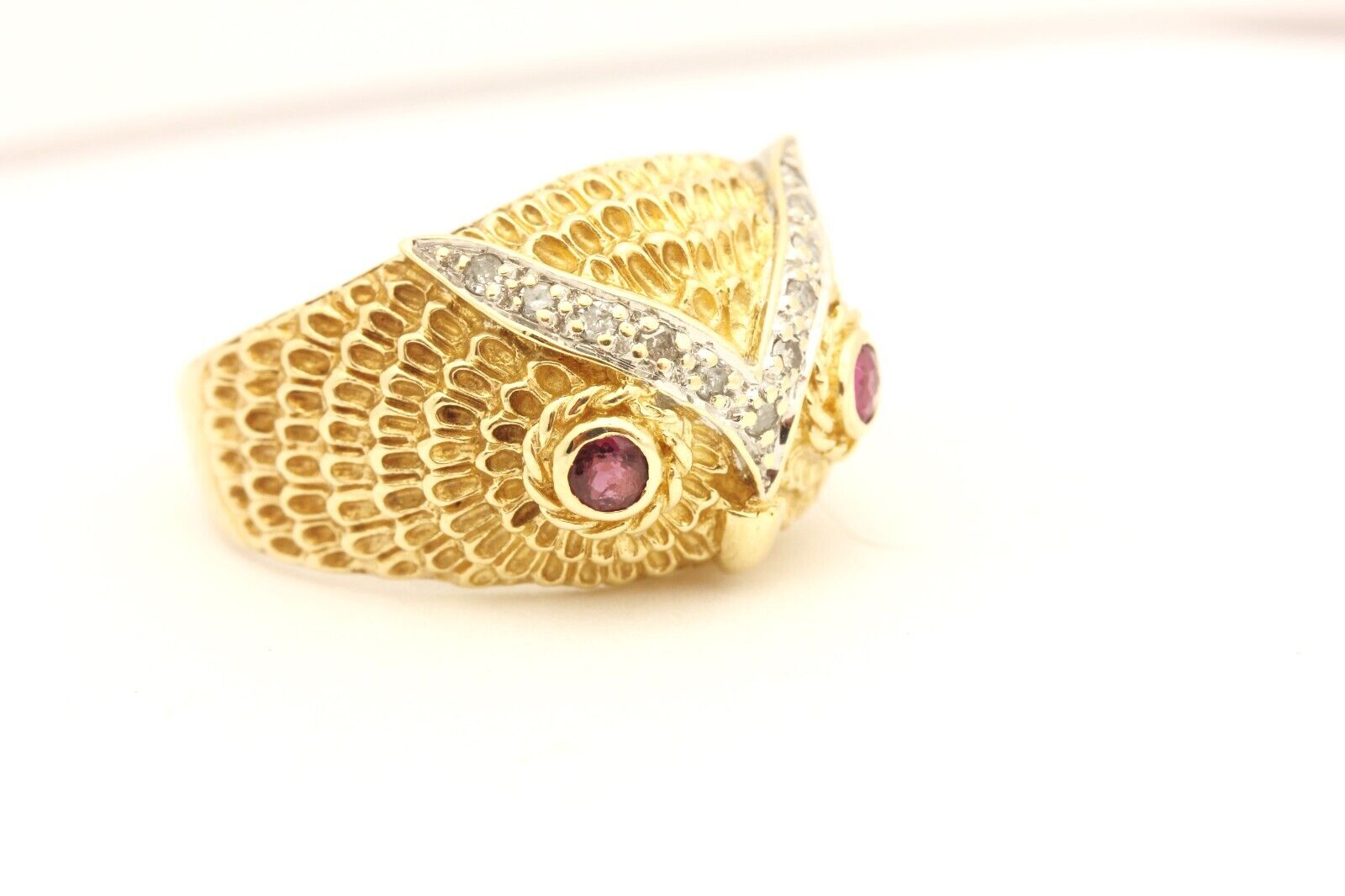 10k yellow gold owl ring band size 10 7.00g 0.22ctw ruby 0.16ctw diamond vintage