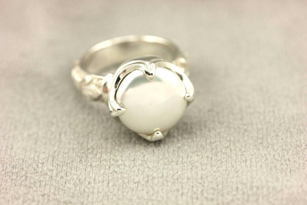 Ring sterling silver platinum alloy Pilver white button pearl fleur de lis NEW