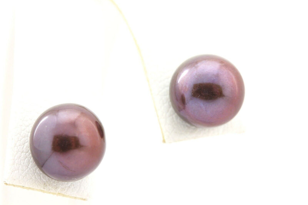 925 sterling silver 9.5mm button stud pearl earrings purple 2.28g vintage estate