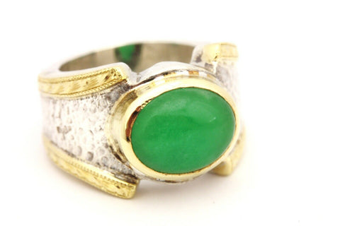 DURAN 18k yellow gold sterling silver dyed green jadeite jade ring size 9 26g