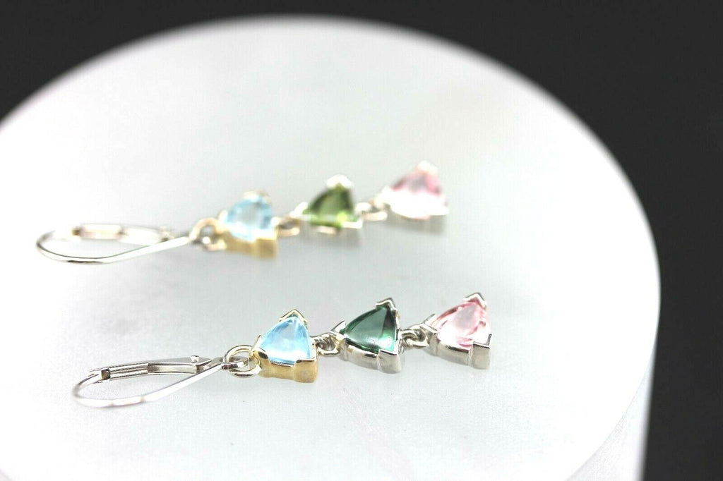 14k white gold dangle drop 1.5" earrings aquamarine tourmaline triangle NEW