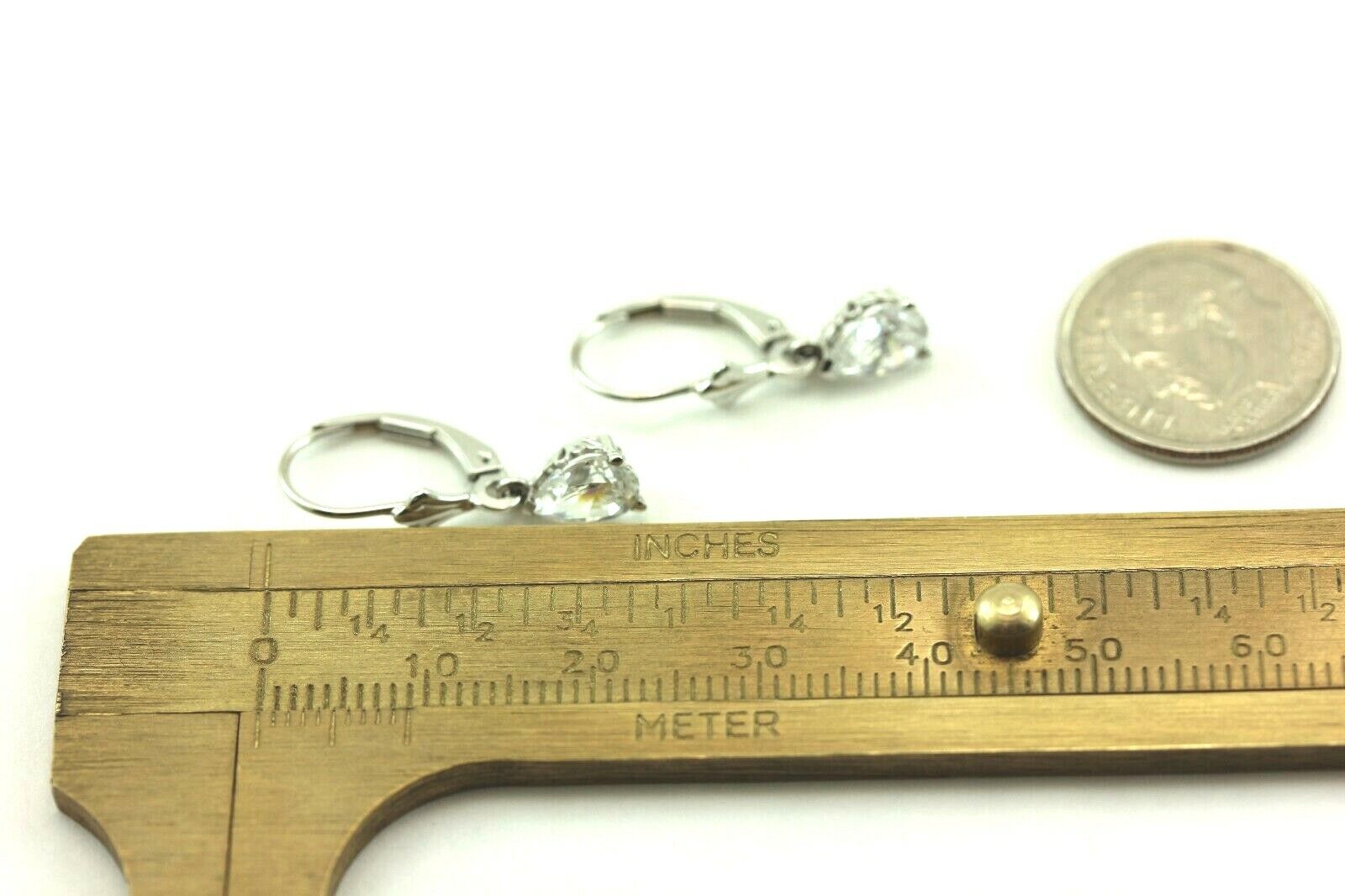 14k white gold 7.5mm CZ pear dangle earrings scroll fleur de lis leverback NEW