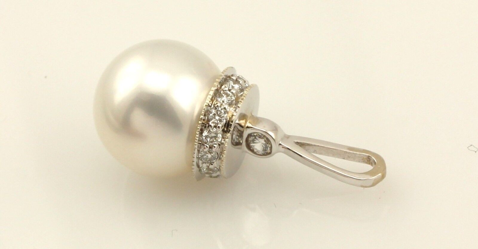 14 k white gold 10mm white round south sea cultured pearl diamond pendant new