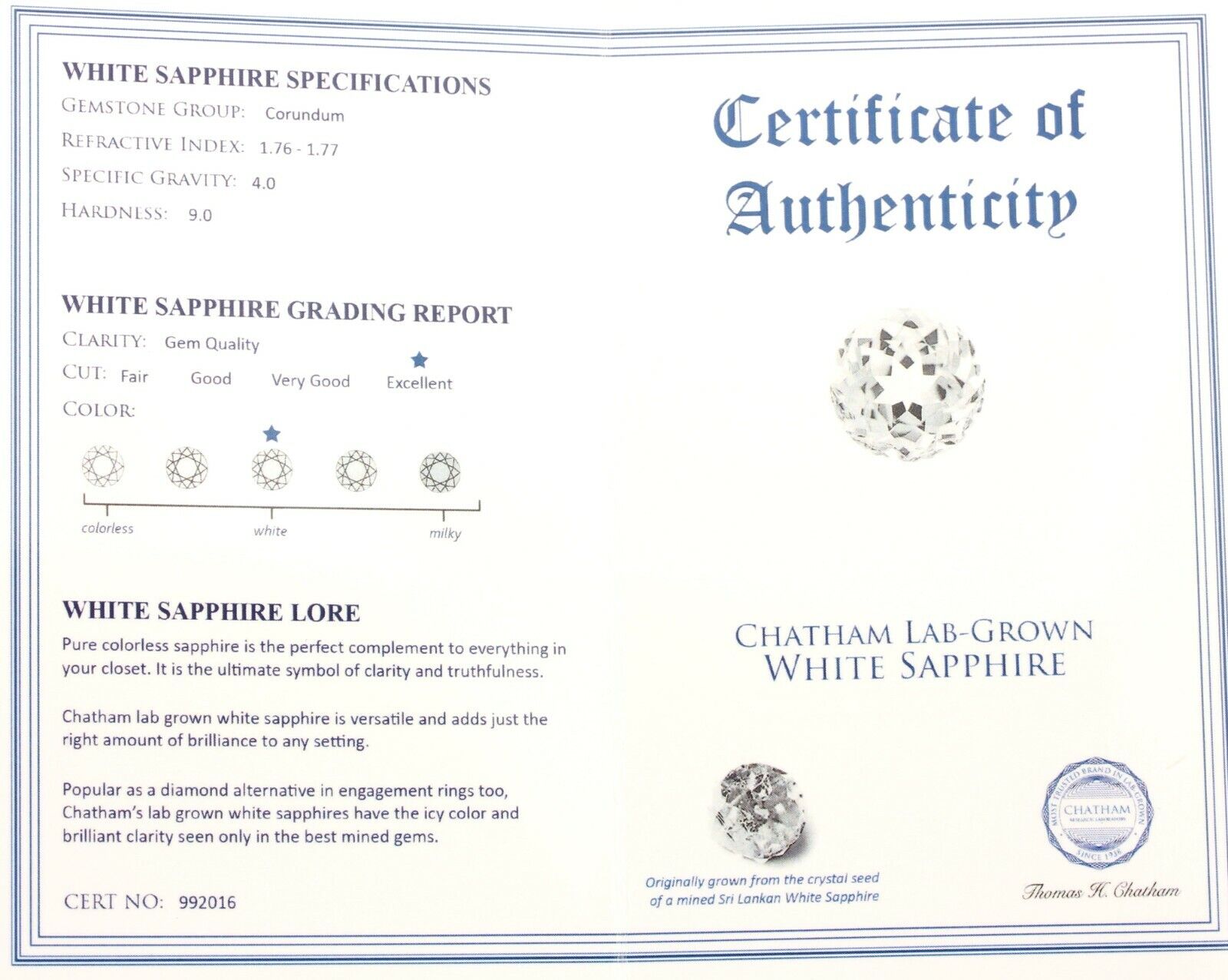 Chatham lab grown created white sapphire 1.82ct 7mm round brilliant loose new