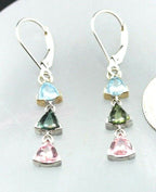14k white gold dangle drop 1.5" earrings aquamarine tourmaline triangle NEW