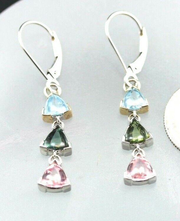 14k white gold dangle drop 1.5" earrings aquamarine tourmaline triangle NEW