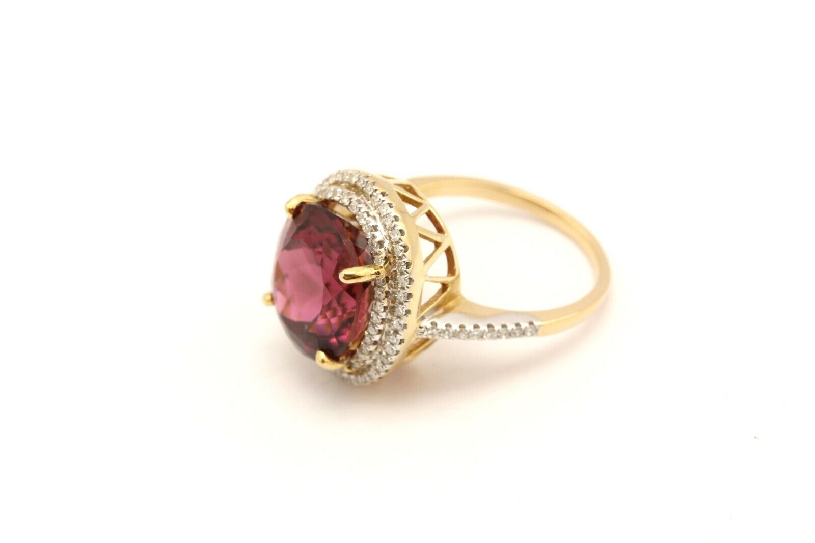 14k yellow gold 7.36ct oval pink tourmaline double halo diamond ring sz 6.5 NEW