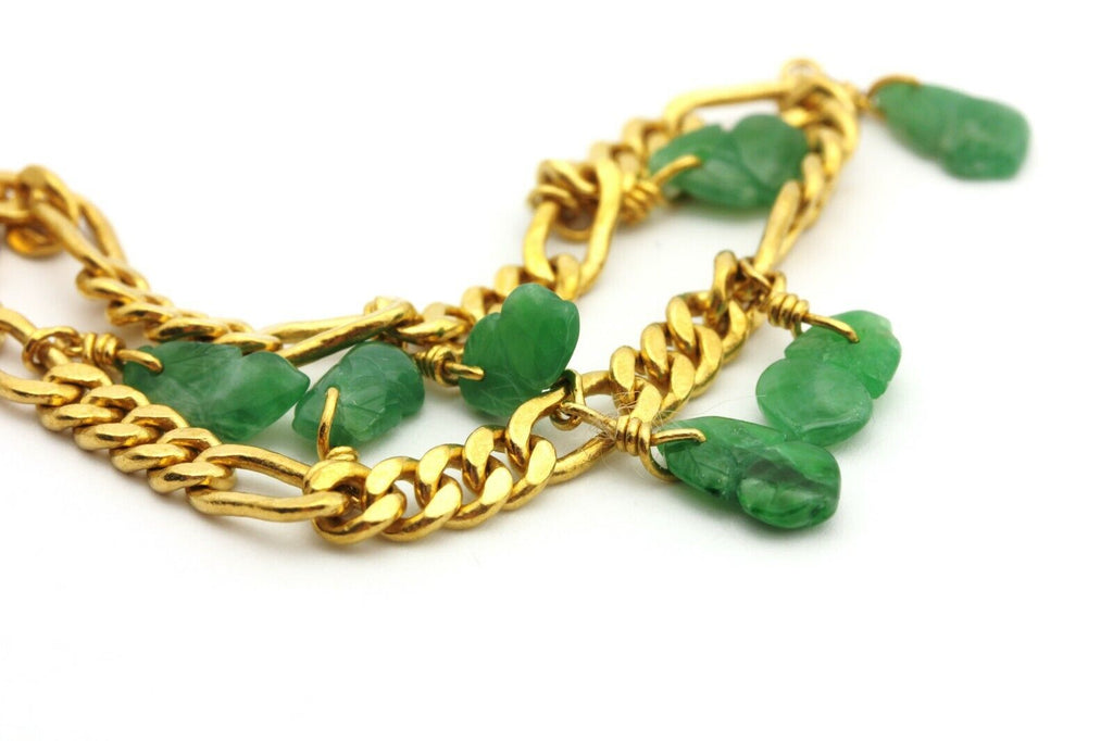 22k yellow gold green jadeite figaro chain charm bracelet 6.5 inch 4mm 13.25g