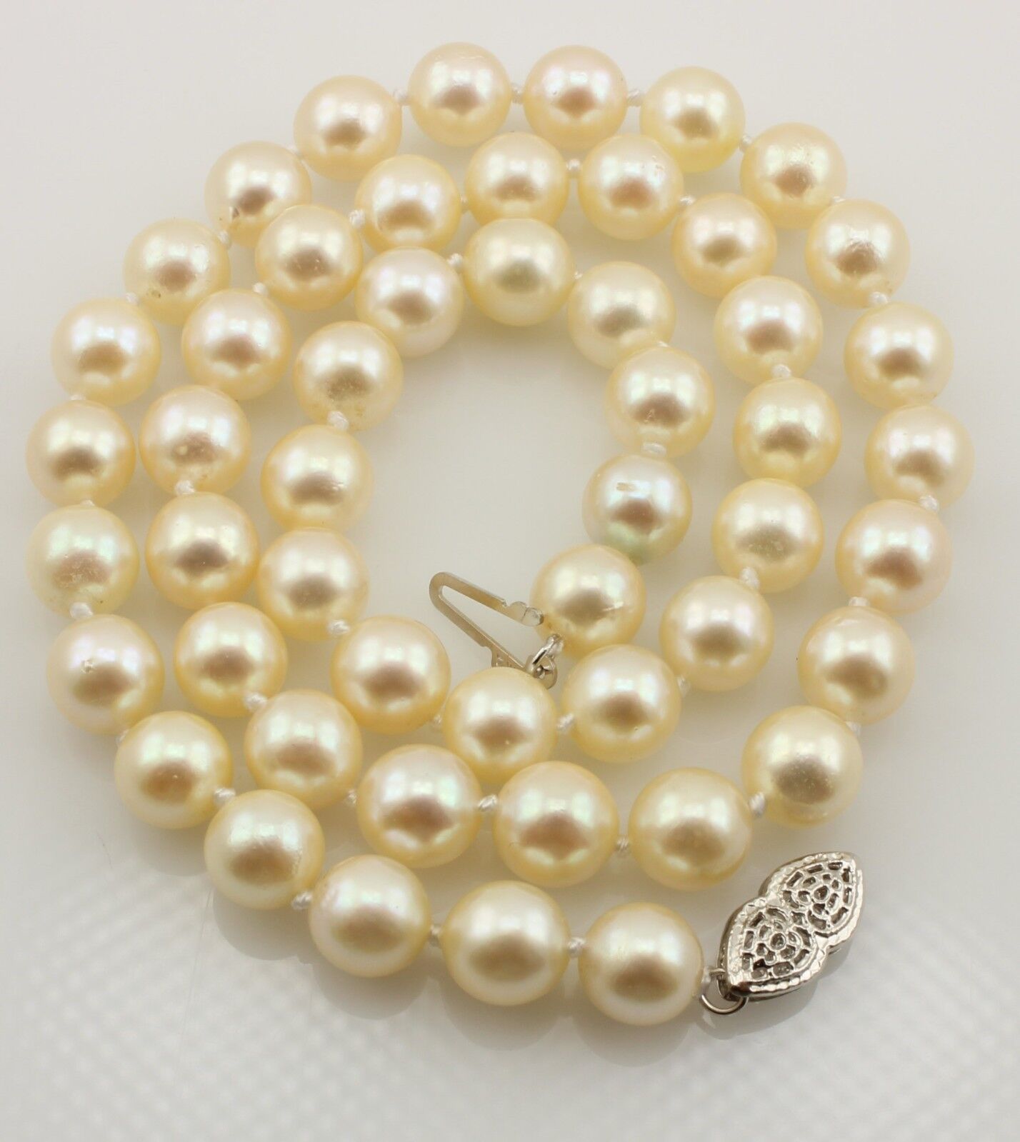 16" 7-7.5mm round cream cultured pearl necklace 14k white gold doubleheart clasp