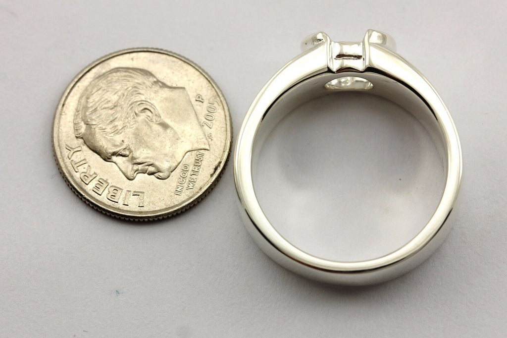 Platinum sterling silver men ring sz 8 band 9x7mm oval half-bezel setting estate