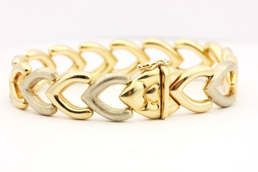 14k two tone gold chevron heart bracelet 7.5 inch 13.75mm 23.07g vintage ITALY