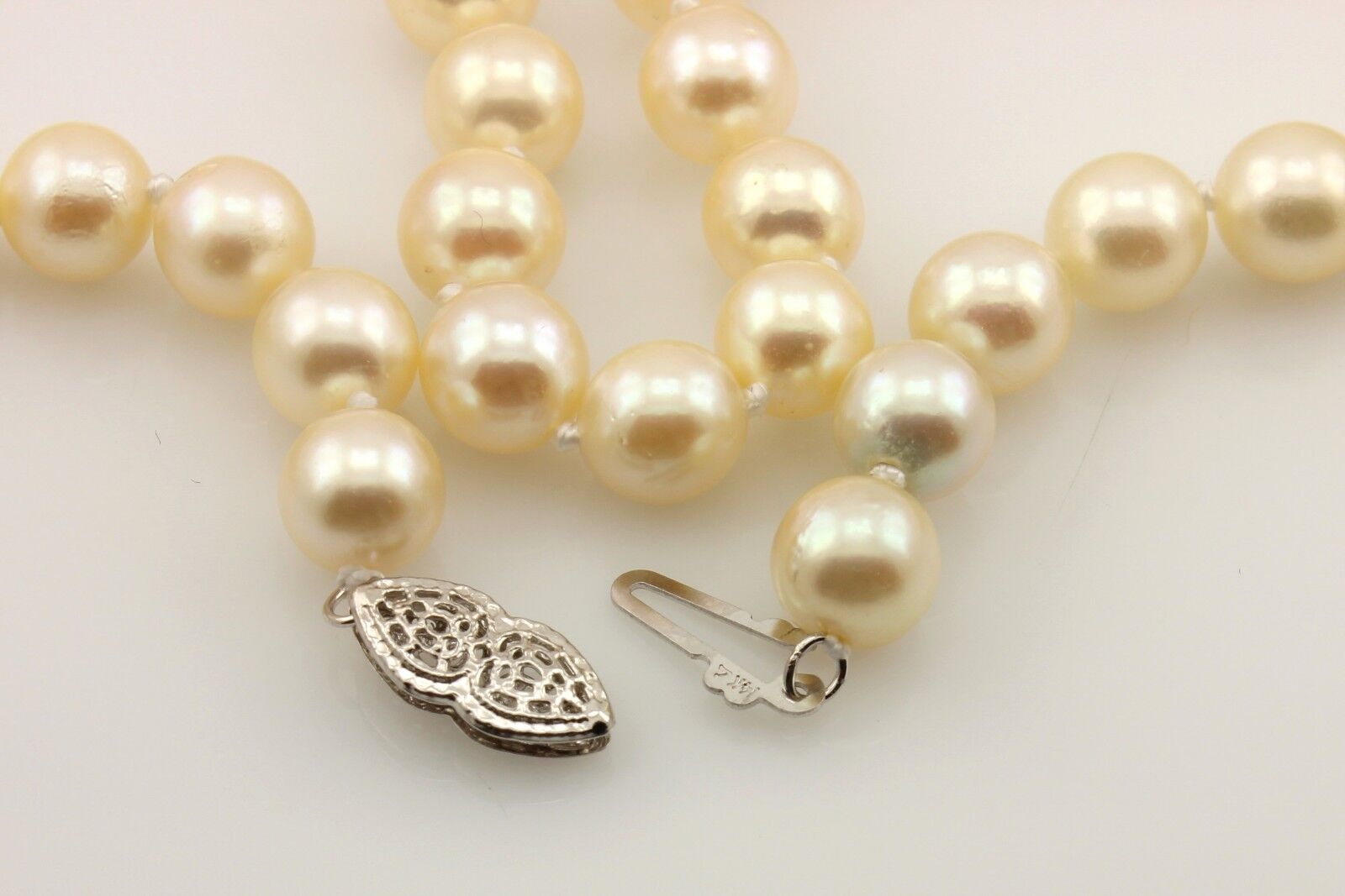 16" 7-7.5mm round cream cultured pearl necklace 14k white gold doubleheart clasp